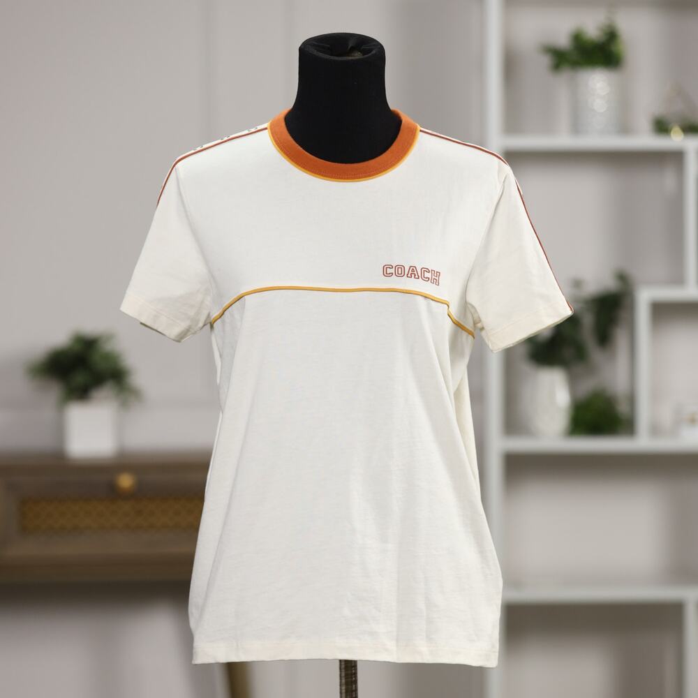 NWT Coach Limited Edition Varsity T-Shirt Cream Gold Trim Logo Sleeves Size S